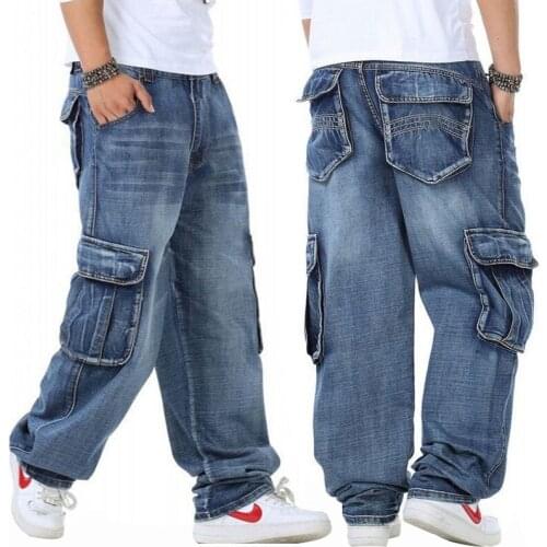 Loose Jeans Men Denim Pants Straight Fashion Pocket Baggy Streetwear Hip Hop Brand Blue Wide Leg Cargo Trousers Large Size 46