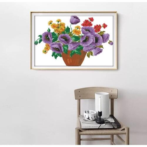 Purple potted Flower Style Cross Stitch Kit Printed Canvas Home Decore 14CT DMC Embroidery Needlework Cross-stitch set Handmade