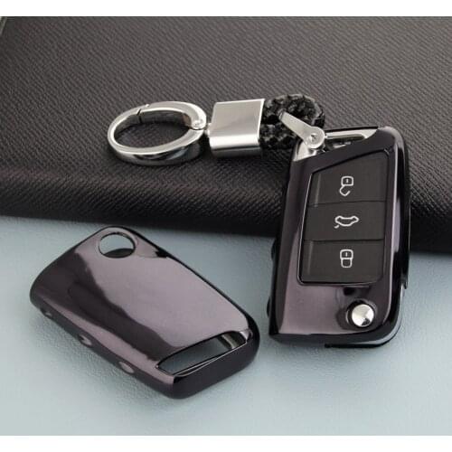 Flip Car Key Fob Cover Case Chain Ring For Volkswagen Golf 7 Polo Tiguan Skoda Octavia Kodiaq Karoq Black