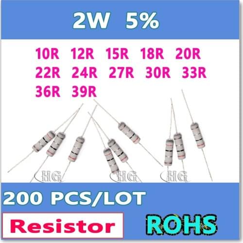 JASNPROSMA 200PCS/LOT 5% 2W 10R 12R 15R 18R 20R 22R 24R 27R 30R 33R 36R 39R carbon film DIP OHM Resistor