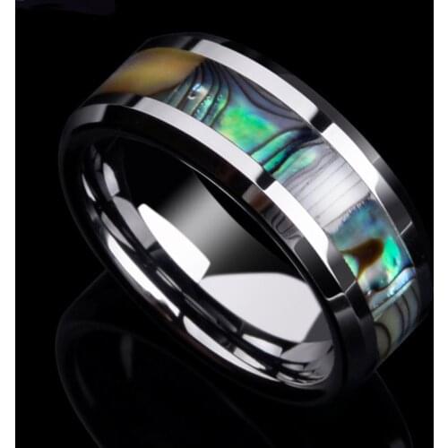 FDLK Fashion Mens 8mm Stainless Ring Inlay Abalone Shell Stainless Steel Wedding Bands for Men Jewelry Gift