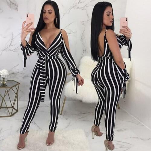 Summer One-piece Suit Elegant Striped Sexy Jumpsuit Womens Deep V-neck Long-sleeved Open Back Casual Slim-fit Jumpsuit Costume