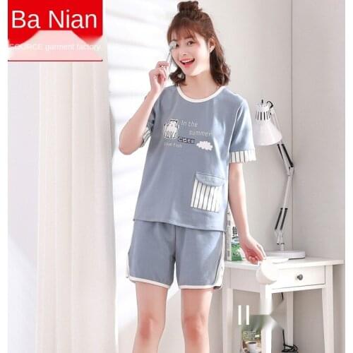 2021 Summer Womens Pajamas Sets Thin Short Sleeve Shorts Cotton Nightgown 2Pcs Suit Korean Cartoon Home Clothes Sleepwear