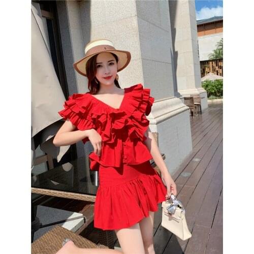 Summer 2021 Chic Women Solid Red Patchwork Ruffles Pleat V Neck Top Shirt+High Waist Mini Skirt 2 Piece Sets