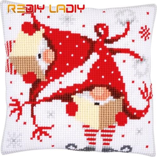 Cross Stitch Cushion Cover Christmas Gnomes B Pillow Case Pre-Printed Canvas Acrylic Thick Yarn Cross-stitch Needlepoint Kits