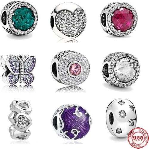 2020 New Original sparkling rould rose red green snowflake butterfly leaf Charm Fit Pandora Bracelet Bangle DIY Women Jewelry