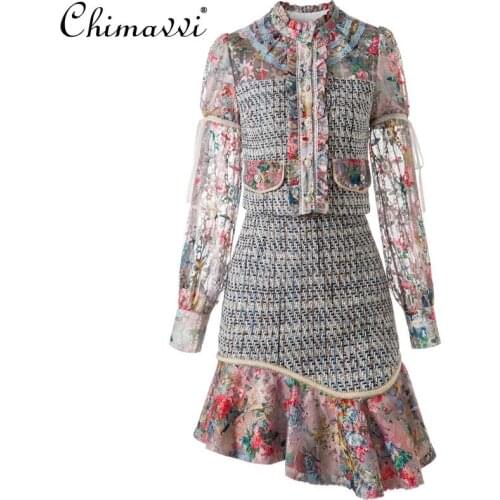 2021 Autumn Winter Round Neck Lace Slimming Shirt Women High Waist Irregular A Line Short Skirt Female Two Pieces Skirt Set