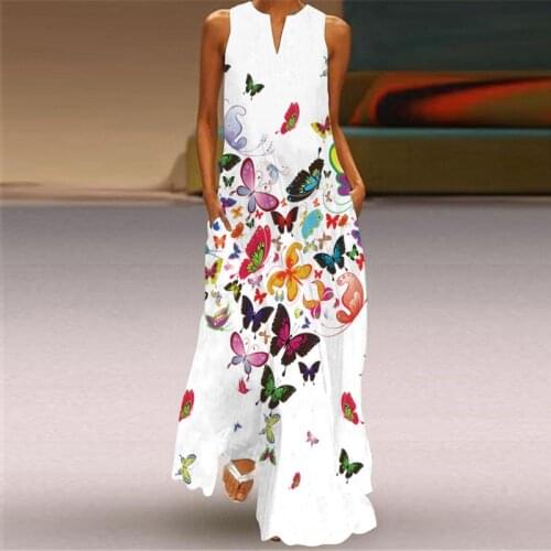 Summer Dress Women Robe Femme Print V-Neck Dresses Sleeveless With Pockets Long Dress For Womens Clothing 2021 Vestido De Mujer