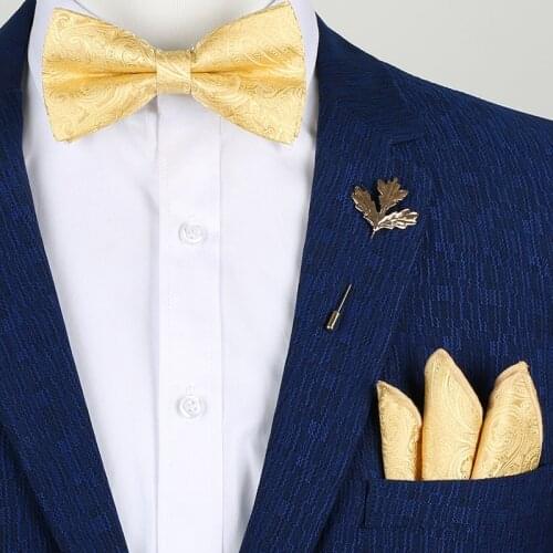 Luxury Gold Silk Bow Ties for Men Fashion Mens Yellow Bowtie Handkerchief Brooch Set butterfly noeud papillon homme Wedding