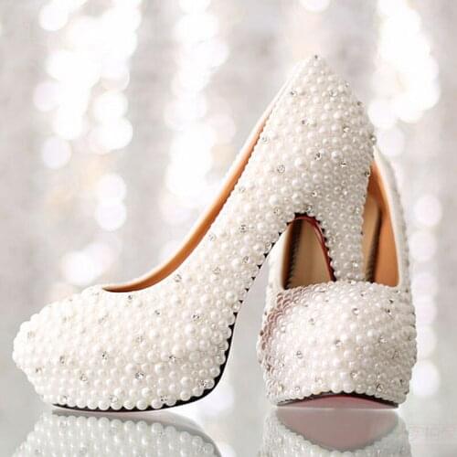 Luxurious White High Heel Bridal Dress Shoes Imitation Pearl Rhinestone Wedding Shoes Platform Lady Single Shoes Gorgeous Shoes
