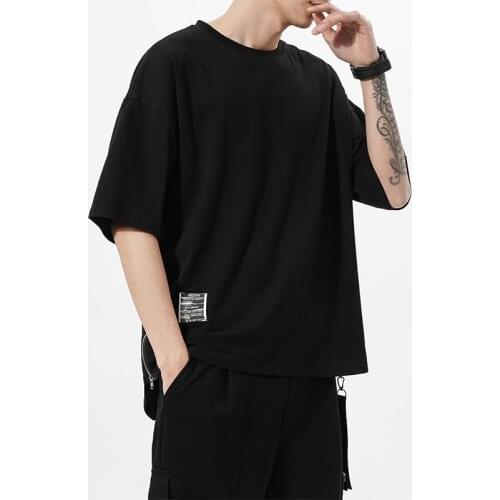 Streetwear Cotton Men T-shirt Half Sleeve Tee Shirt Homme Hip Hop Ribbons Side-zipper Short Sleeve Men T Shirt