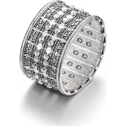 Vintage Silver Color Rhinestone Carved Widened Elasticity Bracelets Bangle for Women Fashion Charm Female Party Jewelry