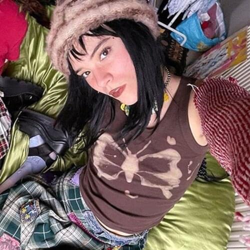 Y2K Aesthetics Butterfly Print Brown Crop Tops Indie Streetwear O-neck Sleeveless Tank Tops 90s Fashion Summer Vests