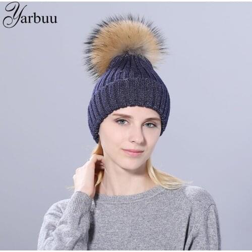 [YARBUU]new fashion winter hat for women Bright silk fur pom poms knitted Beanies Cap Solid Colors Gorros Cap Female Causal hats