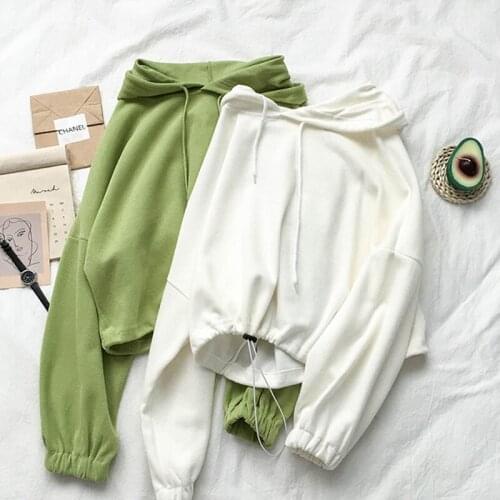 Women 2021 Crop Top White Hooded Hoodie Korean Fashion Harajuku Vintage Kawaii Indie Oversized Thin Fall Draw String Sweatshirts