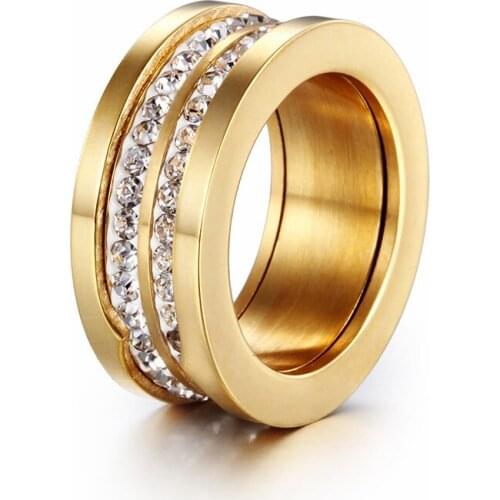 New Design Gold Color Finger Rings Two-row Rhinestone Wedding Rings Fancy Stainless Steel Various Sizes Engagement Rings