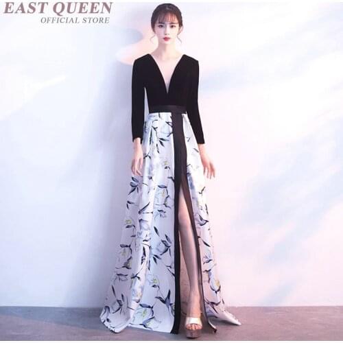 Women evening occasion dresses fit and flare printed floor-length dress printed three quarter v-neck high waist dress DD400 F