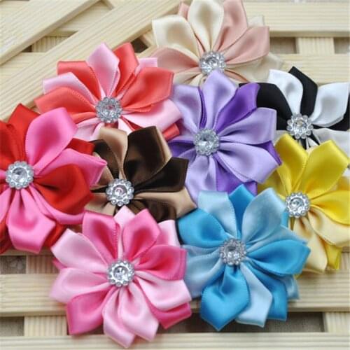10pcs Big Ribbon Flowers W/Crystal leaf Appliques Wedding Deco Craft B267