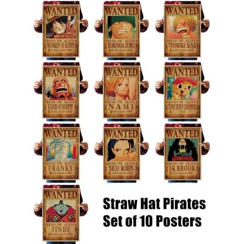 10 PCS/LOT Straw Hat Pirates Wanted Posters Luffy Jinbe Nami Chopper Robin Zoro Sanji Usopp Brook Franky Sticker Toy