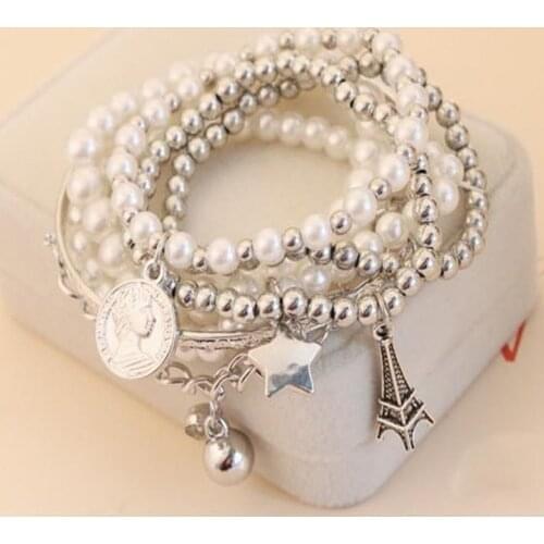 6 pcs/set Fashion Multi-layer Elastic Pearl Bracelet ladies jewelry ornament