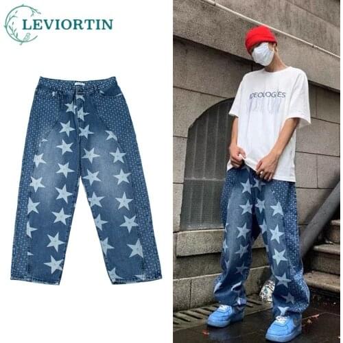 Washed Stars Embrodiery Streetwear Jeans Pants for Men and Women Straight Ripped Oversize Japanese Casual Denim Trousers