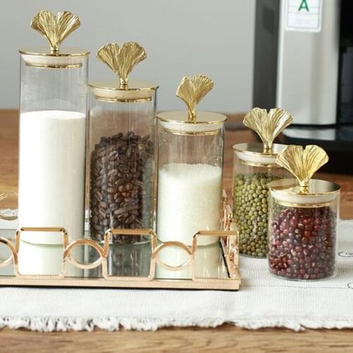 European Gingko leaf brass glass jar transparent storage tank with lid household Food sealed jar wedding decorative candy jar