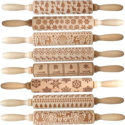 Clay tools wood Christmas printed rolling pin wooden carving embossed rolling pin cookie dough stick crafts