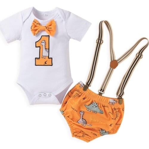 Two Pieces Set Kids Suit Set, Cartoon Animal Print O-Neck Short Sleeve Romper+ Suspender Shorts for Summer