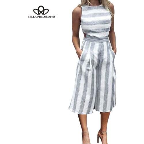 HStar summer women casual blue striped jumpsuits sleeveless wide leg linen playsuits loose fashion female rompers