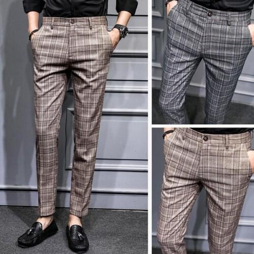 Mens Plaid Pants Spring Korean Fashion Casual Straight Pants Slim Pencil Pants Capri Suit Pants Harem Male Streetwear Trousers