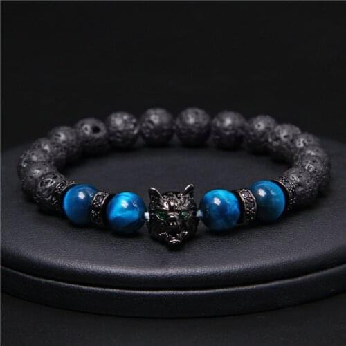 Natural Blue Tiger eye Lava beaded bracelet for Men Metal Wolf head charm Elastic bracelet homme brave kucky jewelry gifts