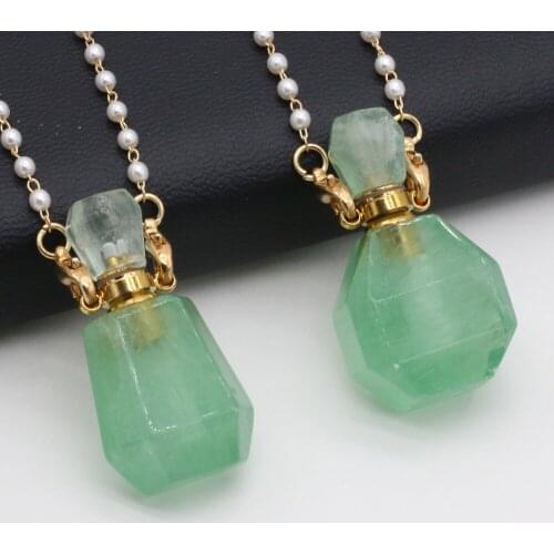 2021 New Natural Semi-precious Stone Green Aventurine Perfume Bottle DIYPendant Necklace Pearl Chain DIY Jewelry Decoration Gift