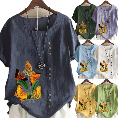 New Arrival Summer Fashion Womens Printed Linen T-shirt Casual Loose Round Neck Short Sleeve Shirt Blouse Tops Plus Size