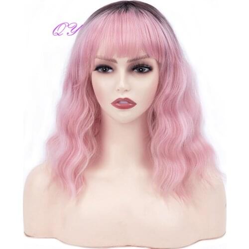 Wavy Wigs Middle Length Black Rooot Pink Water Wave Hair Wigs With Bangs For White Or Black Women Cosplay Or Party Wig