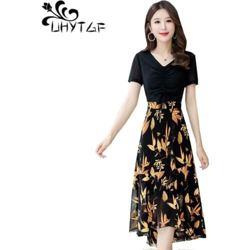 UHYTGF Summer dress 2020 fashion chiffon fake two elegant dresses women Short sleeve printed V-neck bohemian dress Plus size 935