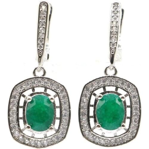 Real 6.2g 925 Solid Sterling Silver New Arrival Real Green Emerald CZ Ladies Womans Earrings 34x14mm