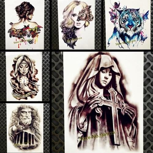 Unique Large Saint Nun With Corss Temporary Tattoo Body Art 21x15cm Waterproof Arm Leg Tatoo For Men Women Fake Tattoo Stickers