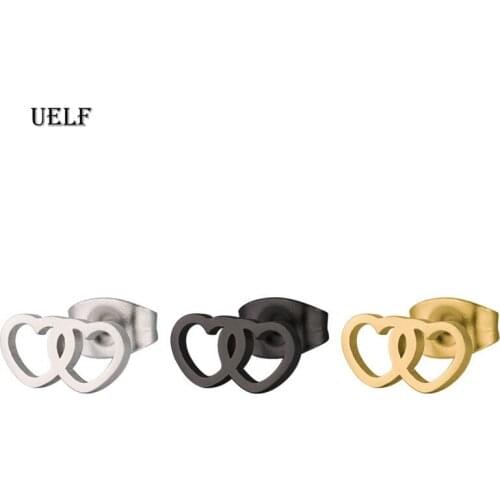 Uelf Double Heart to Heart Stud Earrings for Women Brincos Fine Stainless Steel Jewelry Bijoux
