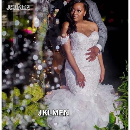 African Plus Size Mermaid Wedding Dresses Off The Shoulder Lace and Rulle Ruffles Back Lace Up Bridal Gown Vestidos De Novia