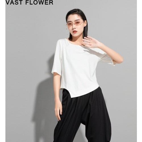 Irregular White Casual T-Shirt Women New Round Neck Half Sleeve Personality Fashion Loose Tee Shirt Tops Clothes Summer 2021