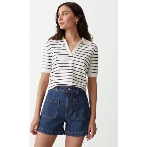 Women Shirt 2021 Spring and Summer New Womens Striped V-neck Stitching Short-sleeved Top