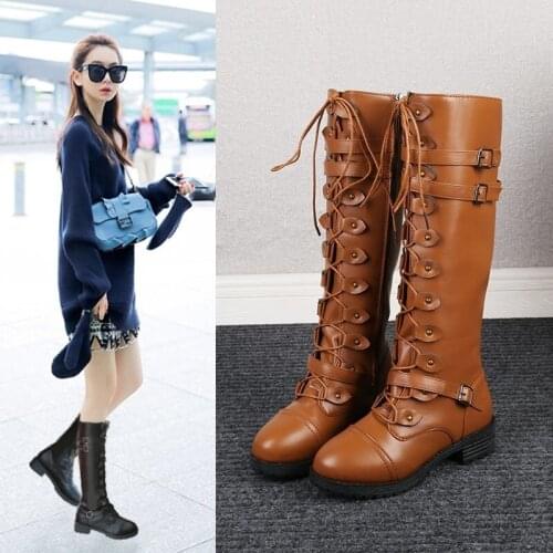 Knee High Women Boots Autumn woman shoes Winter Lace Up Vintage Flat Shoes Sexy Steampunk Leather Retro Buckle Ladies Snow Boots