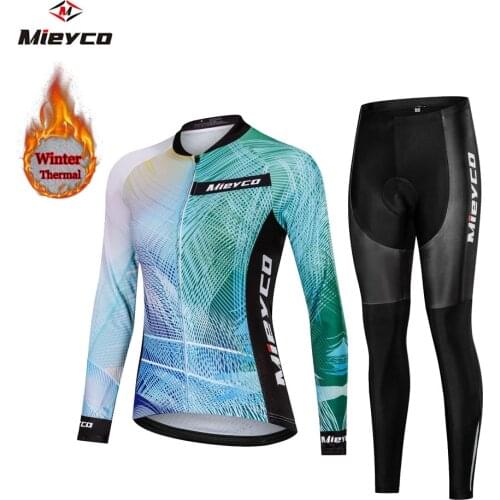 Women Cycling Jerseys Set Long Sleeve Cycling Jersey 5D Gel Padded Bib Pants Trousers Autumn Winter Thermal Fleece Cycling Set