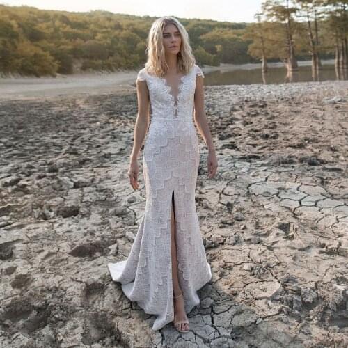 Sheer V-neck France Lace Dark Champagne Front Slit A-line Wedding Dress Sexy Mermaid Sheer Bridal Gowns robe mariee