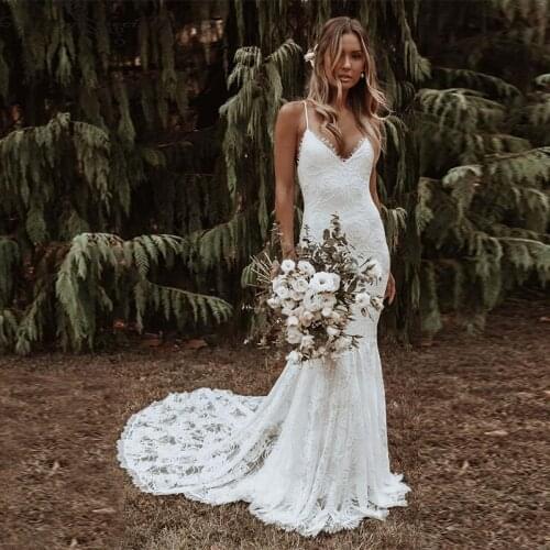 2021 Boho Mermaid Wedding Dress Lace Spaghetti Straps Backless Beach Bride Dresses Sexy Bohemian Bridal Gown Vestido De Noiva