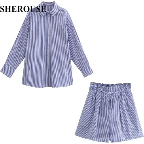 2021 Summer Two Piece Set Women Striped Shirt Casual High-Waist Shorts Chic Lady Women Outfit Shorts Sets 2 piece set