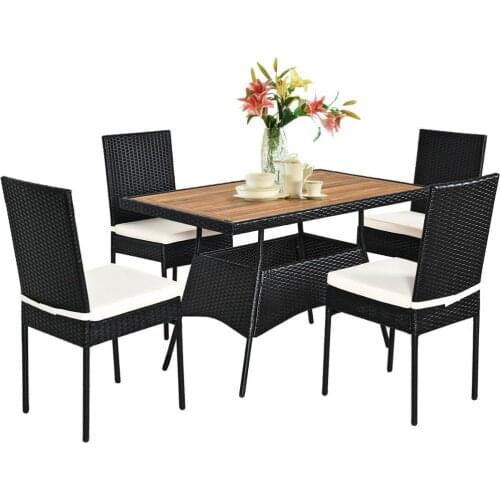 5 PCS Patio Rattan Dining Set Table w/Wood Top Cushioned Chars Garden Yard Deck HW64308