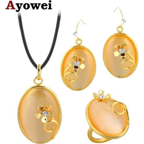 Ayowei Romantic Yellow Zircon Gold color Fashion Jewelry Sets Earrings/Pendant/Ring JS689A for Women