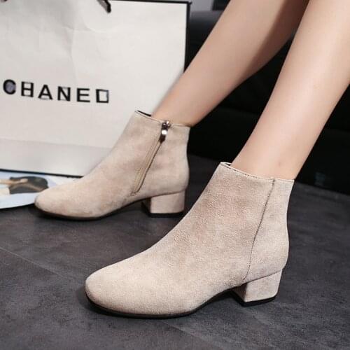 NEW women fashion ankle boots for winter autumn round toe med heel black solid lady beige light brown zipper warm female shoes