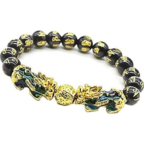 0mm Hand Carved Mantra Bead Bracelet Porsperity Black Bead Bracelet with Color Changed Pi Xiu/Pi Yao Attract Wealth